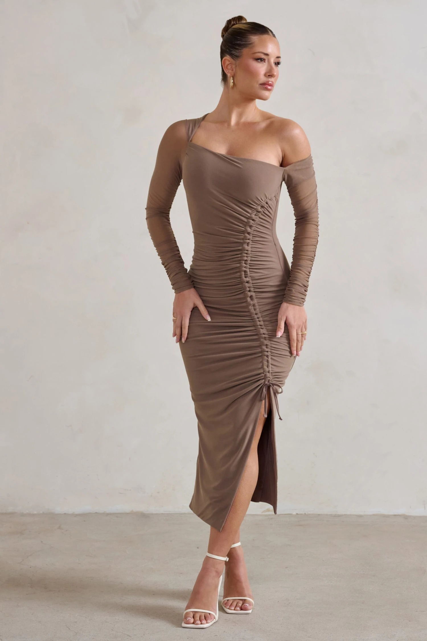 Treasured | Mocha Asymmetric Mesh Long Sleeve Ruched Midi Dress 6 Treasured | Mocha Asymmetric Mesh Long Sleeve Ruched Midi Dress - Image 4