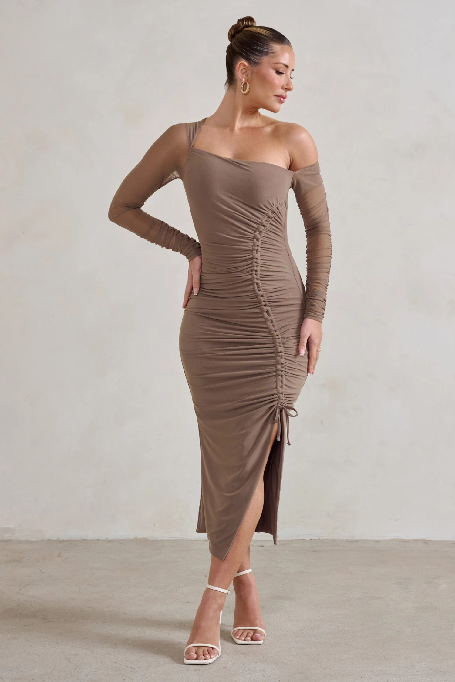 Treasured | Mocha Asymmetric Mesh Long Sleeve Ruched Midi Dress 3 Treasured | Mocha Asymmetric Mesh Long Sleeve Ruched Midi Dress