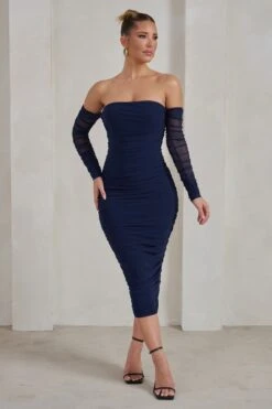 Sorella | Navy Ruched Mesh Bardot Midi Dress -Sangyong Store WB CL129311 SorellaNavyRuchedMeshBardotMidiDress1