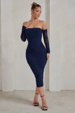 Sorella | Navy Ruched Mesh Bardot Midi Dress -Sangyong Store WB CL129311 SorellaNavyRuchedMeshBardotMidiDress2