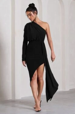 Catherine | Black Asymmetric Midi Dress With Statement Drape -Sangyong Store WB CL129314002 CatherineBlackAsymmetricMidiDressWithStatementDrape2