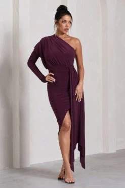 Catherine | Plum Asymmetric Midi Dress With Statement Drape -Sangyong Store WB CL129314101 CatherinePlumAsymmetricMidiDressWithStatementDrape0