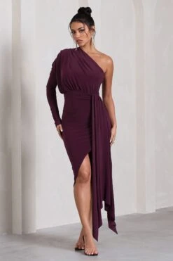 Catherine | Plum Asymmetric Midi Dress With Statement Drape -Sangyong Store WB CL129314101 CatherinePlumAsymmetricMidiDressWithStatementDrape2