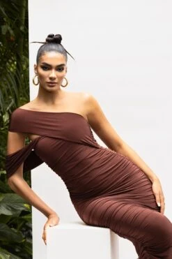 Cici | Brown Asymmetric One Shoulder Ruched Midi Dress -Sangyong Store WB CL129319 CiciBrown Campaign