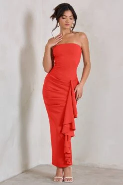 Fleur | Coral Bandeau Ruffle Maxi Dress