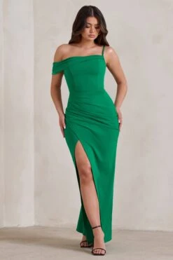 Tullulah | Green Asymmetric Draped Maxi Dress With Split