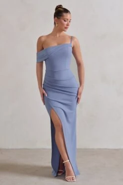 Tullulah | Blue Asymmetric Draped Maxi Dress With Split -Sangyong Store WB CL129326 TullulahIceBlueAsymmetricDrapedMaxiDressWithSplit0