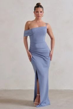 Tullulah | Blue Asymmetric Draped Maxi Dress With Split