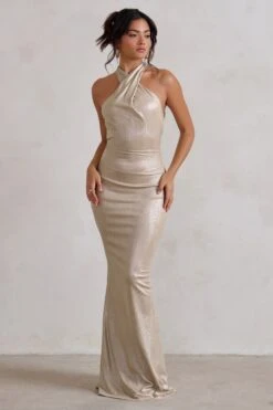 Unstoppable | Champagne Metallic Cross Over Halterneck Maxi Dress -Sangyong Store WB CL129335 UnstoppableChampagneMetallicCrossOverHalterneckMaxiDress1