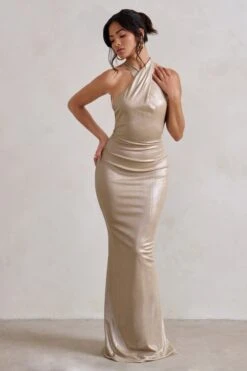 Unstoppable | Champagne Metallic Cross Over Halterneck Maxi Dress -Sangyong Store WB CL129335 UnstoppableChampagneMetallicCrossOverHalterneckMaxiDress4