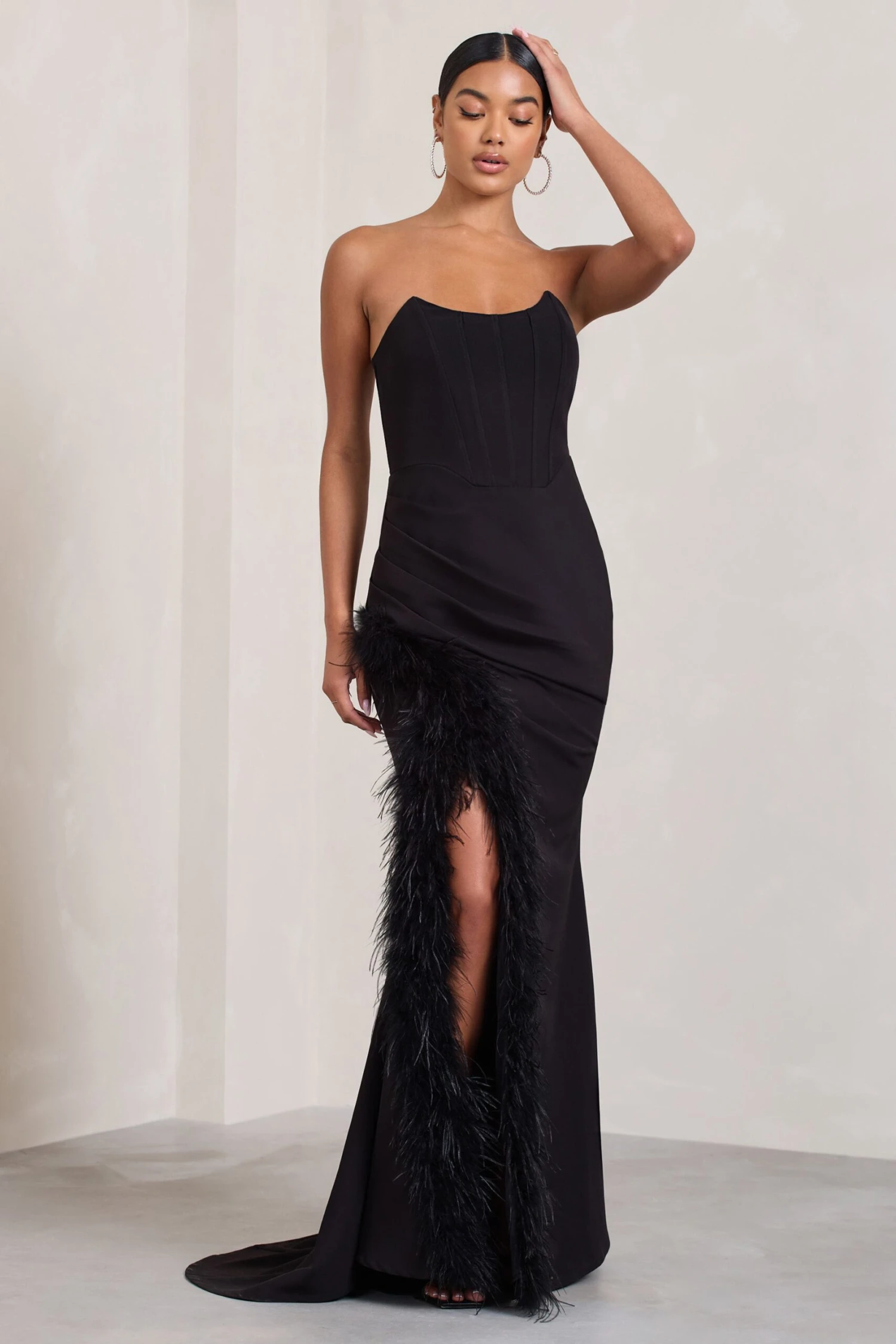 Say Yes | Black Corset Maxi Dress With Split Feather Skirt 6 Say Yes | Black Corset Maxi Dress With Split Feather Skirt - Image 4