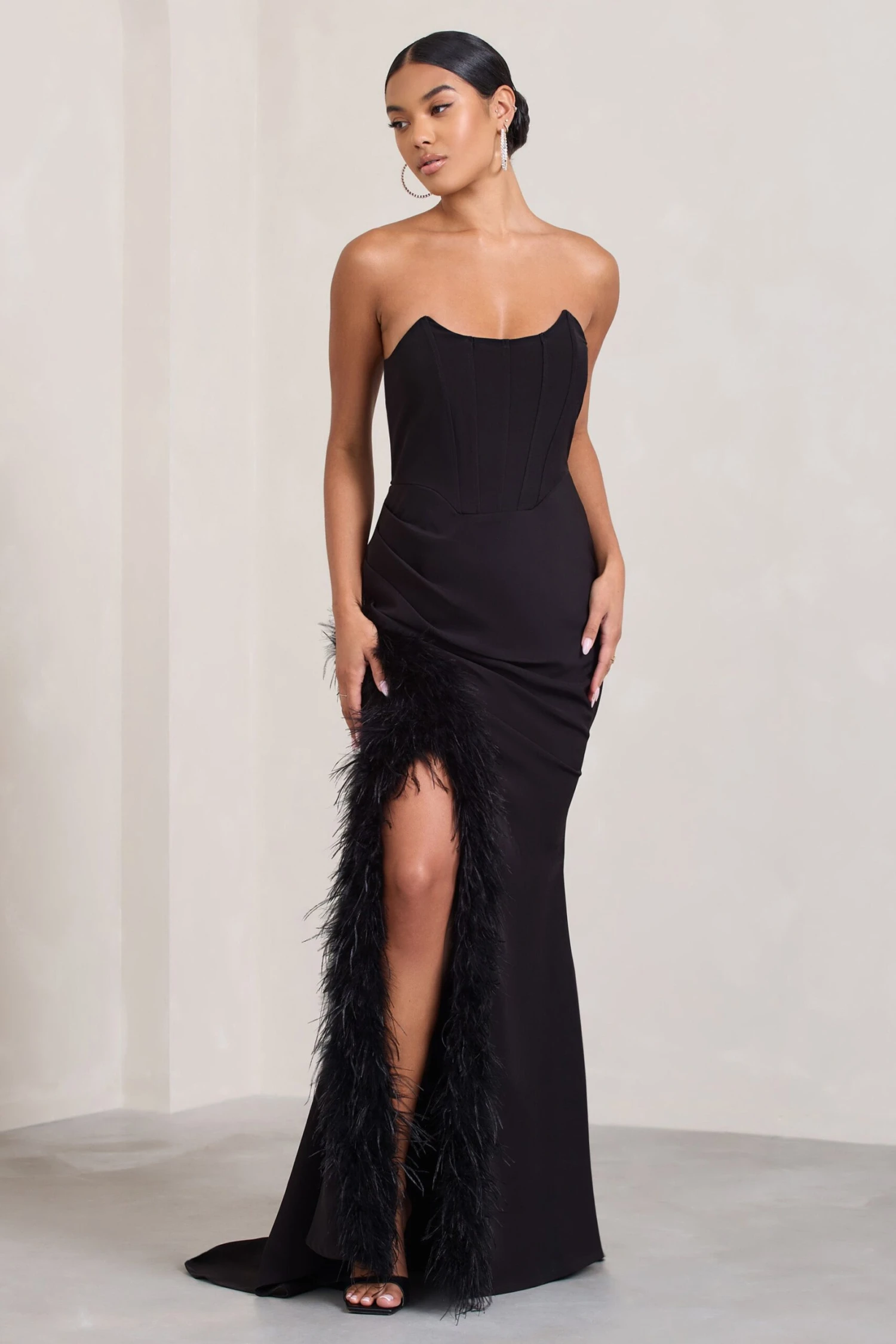Say Yes | Black Corset Maxi Dress With Split Feather Skirt 3 Say Yes | Black Corset Maxi Dress With Split Feather Skirt