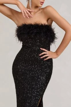 Old Money | Black Bodycon Sequin Maxi Dress With Feather Trim -Sangyong Store WB CL129357002 OldMoneyBlackBodyconSequinMaxiDressWithFeatherTrim3