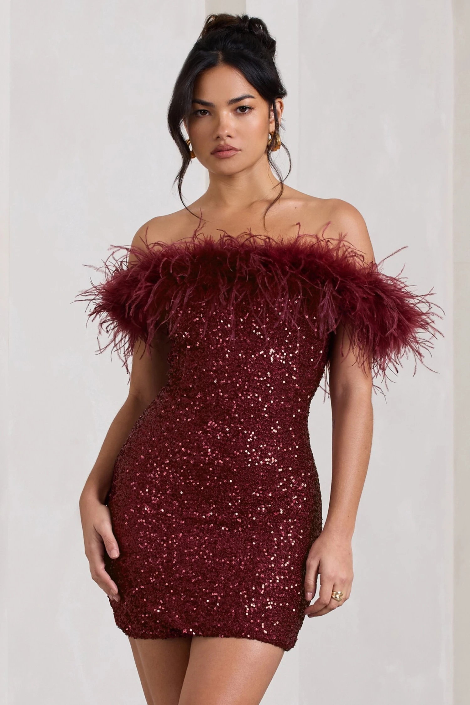 New Money | Burgundy Bodycon Sequin Mini Dress With Feather Trim 6 New Money | Burgundy Bodycon Sequin Mini Dress With Feather Trim - Image 4