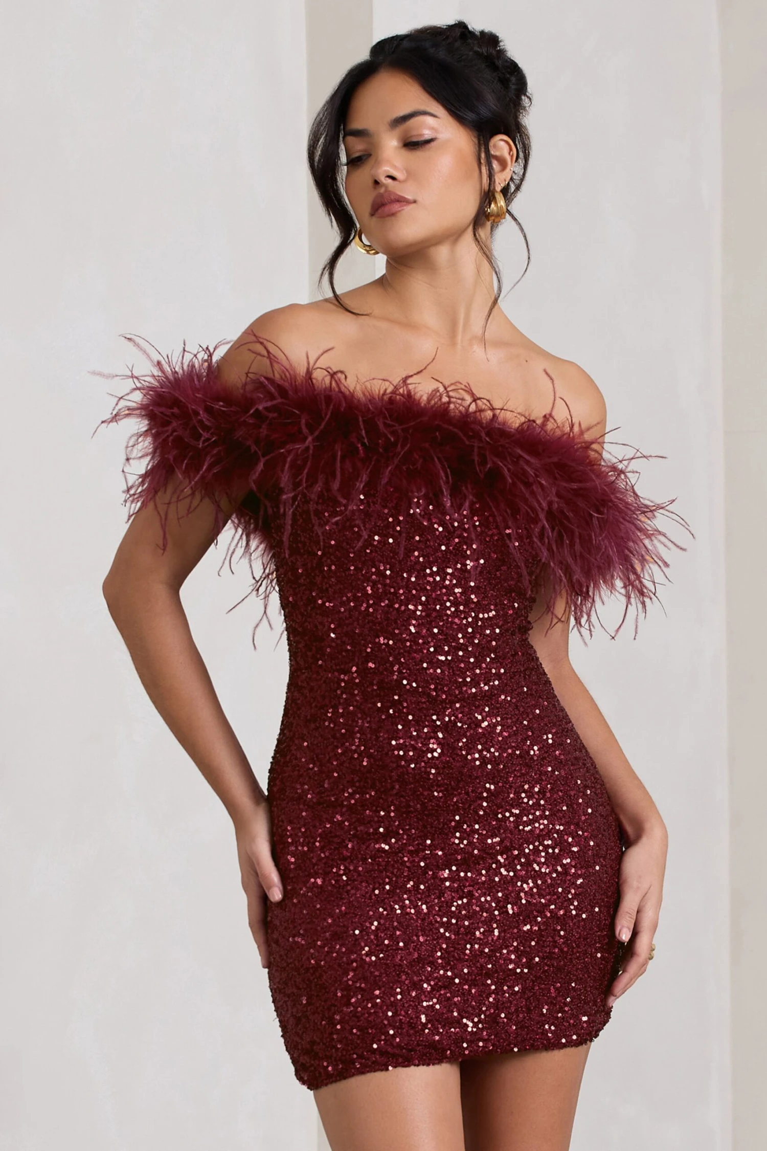 New Money | Burgundy Bodycon Sequin Mini Dress With Feather Trim 7 New Money | Burgundy Bodycon Sequin Mini Dress With Feather Trim - Image 5