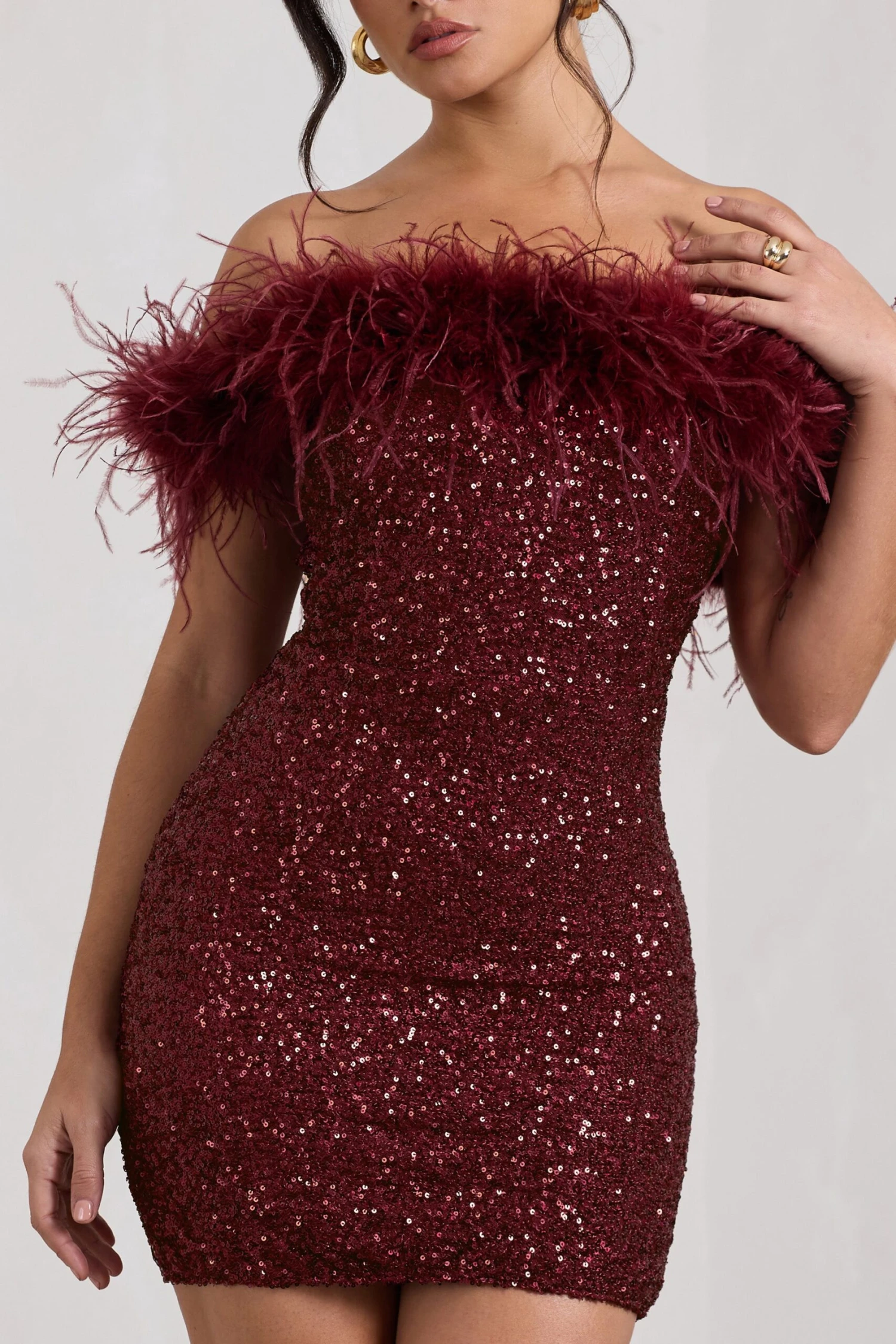 New Money | Burgundy Bodycon Sequin Mini Dress With Feather Trim 5 New Money | Burgundy Bodycon Sequin Mini Dress With Feather Trim - Image 3