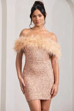 New Money | Gold Bodycon Sequin Mini Dress With Feather Trim -Sangyong Store WB CL129364007 NewMoneyGoldBodyconSequinMiniDressWithFeatherTrim0