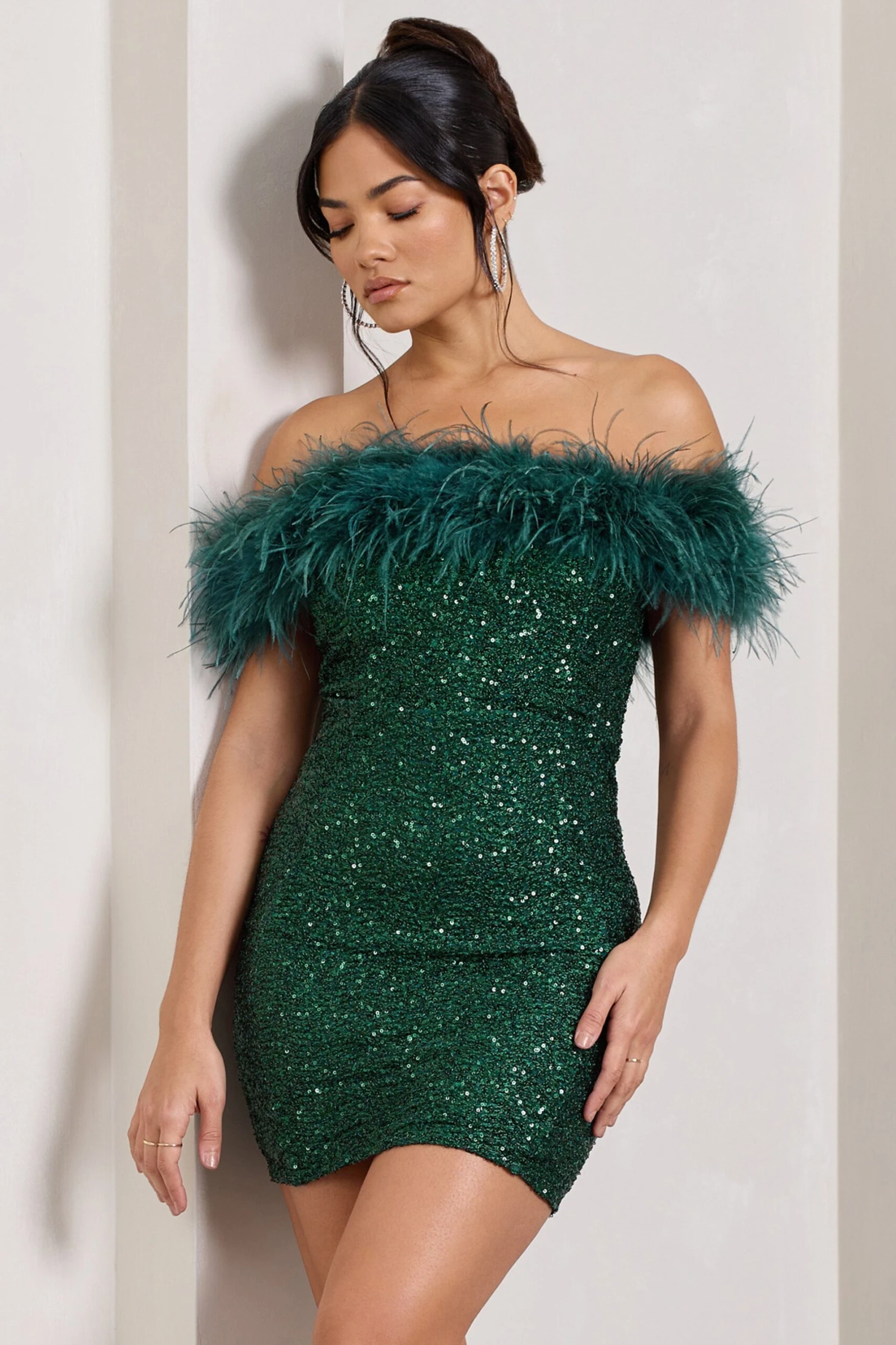 New Money | Green Bodycon Sequin Mini Dress With Feather Trim 7 New Money | Green Bodycon Sequin Mini Dress With Feather Trim - Image 5