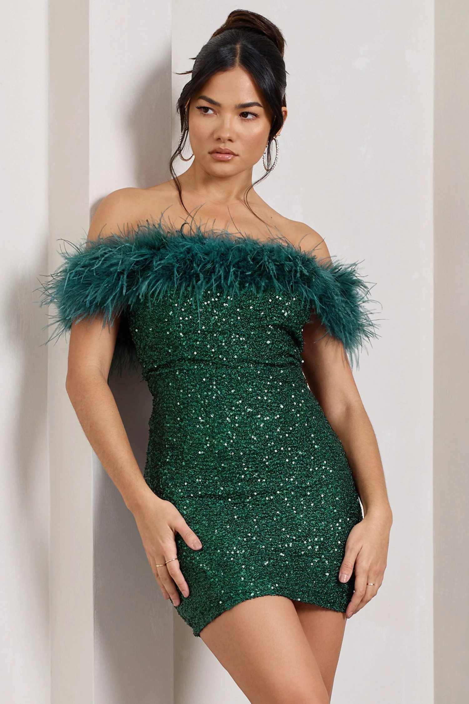 New Money | Green Bodycon Sequin Mini Dress With Feather Trim 3 New Money | Green Bodycon Sequin Mini Dress With Feather Trim
