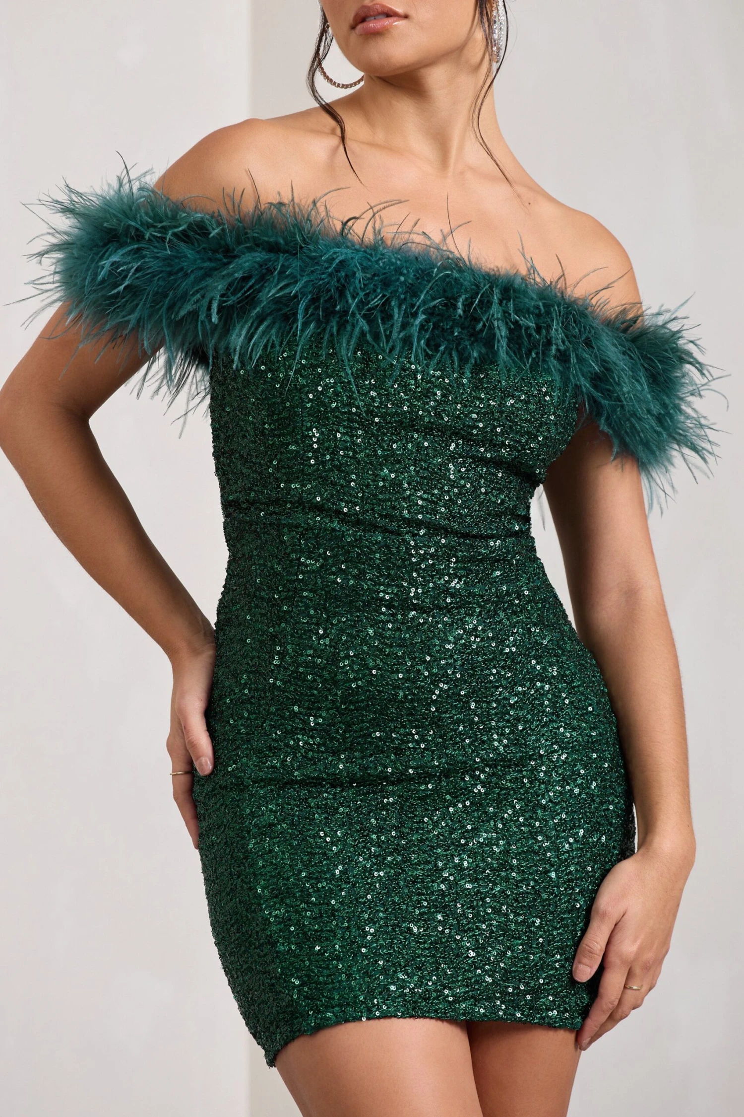 New Money | Green Bodycon Sequin Mini Dress With Feather Trim 5 New Money | Green Bodycon Sequin Mini Dress With Feather Trim - Image 3