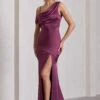 Jayne | Plum Satin Asymmetric Draped Split Maxi Dress -Sangyong Store WB CL129372069 JaynePlumSatinAsymmetricDrapedSplitMaxiDress1