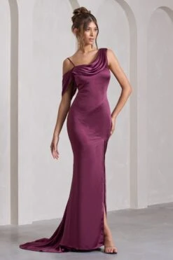 Jayne | Plum Satin Asymmetric Draped Split Maxi Dress -Sangyong Store WB CL129372069 JaynePlumSatinAsymmetricDrapedSplitMaxiDress3