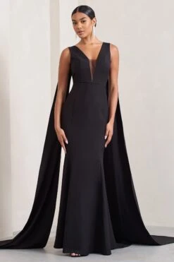 Rosaline | Black Plunging Fishtail Maxi Dress With Cape -Sangyong Store WB CL129377002 Rosaline BlackPlungingFishtailMaxiDressWithCape4 4f8e2eda 94a4 410b 8cf3 95880d25c15f