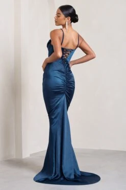 Grand Gift | Navy Satin Corset Draped Fishtail Maxi Dress -Sangyong Store WB CL129379015 GrandGift NavySatinCorsetDrapedFishtailMaxiDress6