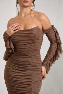 Favor | Mocha Ruched Mesh Bardot Midi Dress -Sangyong Store WB CL129388038 Favor MochaRuchedMeshBardotMidiDress2