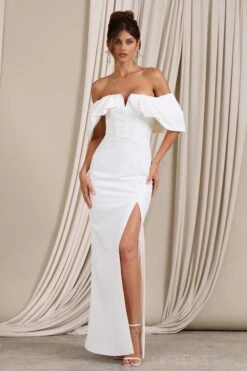Graces | White Structured Bardot Split Maxi Dress -Sangyong Store WB CL129394005 GraceWhiteStructuredBardotSplitMaxiDress1