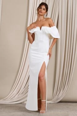 Graces | White Structured Bardot Split Maxi Dress -Sangyong Store WB CL129394005 GraceWhiteStructuredBardotSplitMaxiDress2
