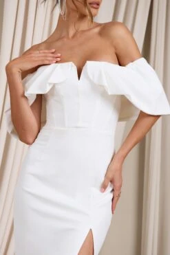 Graces | White Structured Bardot Split Maxi Dress -Sangyong Store WB CL129394005 GraceWhiteStructuredBardotSplitMaxiDress4