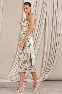 Lady Vitti | Lemon Print Satin Strappy Split Midi Dress -Sangyong Store WB CL129410145 LadyVittiLemonPrintSatinStrappySplitMidiDress4