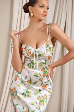 Lady Vitti | Lemon Print Satin Strappy Split Midi Dress -Sangyong Store WB CL129410145 LadyVittiLemonPrintSatinStrappySplitMidiDress6