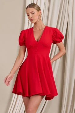 Si Si | Red V-Neck Puff-Sleeved Buttoned Mini Dress -Sangyong Store WB CL129412004 SiSiRedV NeckPuff SleevedButtonedMiniDress3