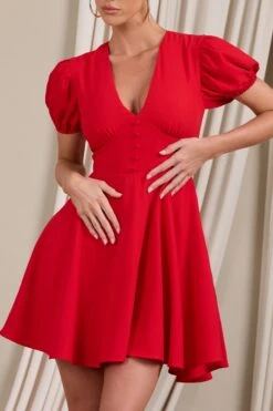 Si Si | Red V-Neck Puff-Sleeved Buttoned Mini Dress -Sangyong Store WB CL129412004 SiSiRedV NeckPuff SleevedButtonedMiniDress4