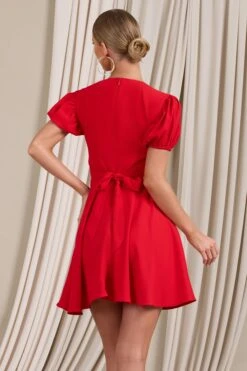Si Si | Red V-Neck Puff-Sleeved Buttoned Mini Dress -Sangyong Store WB CL129412004 SiSiRedV NeckPuff SleevedButtonedMiniDress5