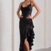 Lady Rosselini | Black Strappy Asymmetric Ruffled Maxi Dress -Sangyong Store WB CL129419002 LadyRosseliniBlackStrappyAsymmetricRuffledMaxiDress2