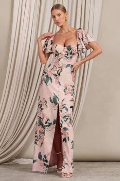 Signorina | Pink Floral Buttoned Maxi Dress With Flounced Short Sleeves -Sangyong Store WB CL129421146 SignorinaPinkFloralButtonedMaxiDressWithFlouncedShortSleeves1