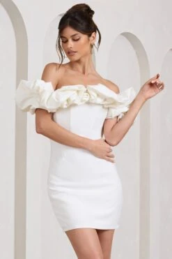 Dawn | White Ruffled Bardot Mini Dress -Sangyong Store WB CL129435005 DawnWhiteRuffledBardotMiniDress3 6a9a0448 9869 4155 aa4c 6fea74df7ba7