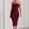 My Girl | Burgundy Bandeau Bodycon Ruched Mesh Midi Dress -Sangyong Store WB CL129493063 MyGirlBurgundyBandeauBodyconRuchedMeshMaxiDress0