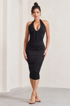 Mariah | Black Halter-Neck Corset Midi Dress -Sangyong Store WB CL129624002 MariahBlackHalter NeckCorsetMidiDress1