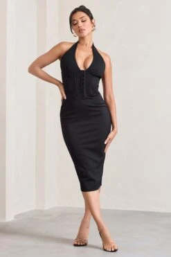 Mariah | Black Halter-Neck Corset Midi Dress -Sangyong Store WB CL129624002 MariahBlackHalter NeckCorsetMidiDress2