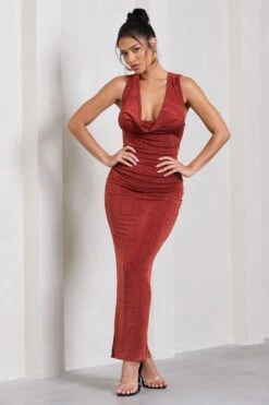 Finely Formed | Rust Red Ruched Cowl-Neck Bodycon Maxi Dress -Sangyong Store WB CL129674165 FinelyFormedRustRedRuchedCowl NeckBodyconMaxiDress1