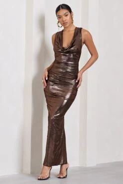 Finely Formed | Bronze Metallic Ruched Cowl-Neck Bodycon Maxi Dress -Sangyong Store WB CL129675021 FinelyFormedBronzeMetallicRuchedCowl NeckBodyconMaxiDress3