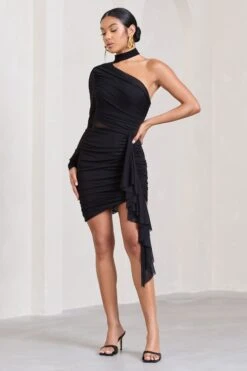 Swirling | Black Ruched One-Sleeved Mini Dress With Ruffle -Sangyong Store WB CL129679002 SwirlingBlackRuchedOne SleevedMiniDressWithRuffle0