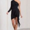Swirling | Black Ruched One-Sleeved Mini Dress With Ruffle 1 Swirling | Black Ruched One-Sleeved Mini Dress With Ruffle -Sangyong Store WB CL129679002 SwirlingBlackRuchedOne SleevedMiniDressWithRuffle2