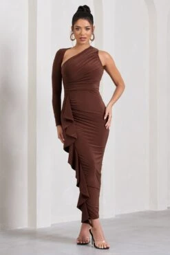 Compass | Brown One-Sleeved Cut-Out Maxi Dress With Ruffle -Sangyong Store WB CL129690038 CompassBrownOne SleevedCut OutMaxiDressWithRuffle2 b2642e86 db61 4dde 9ef4 6c685f97f569