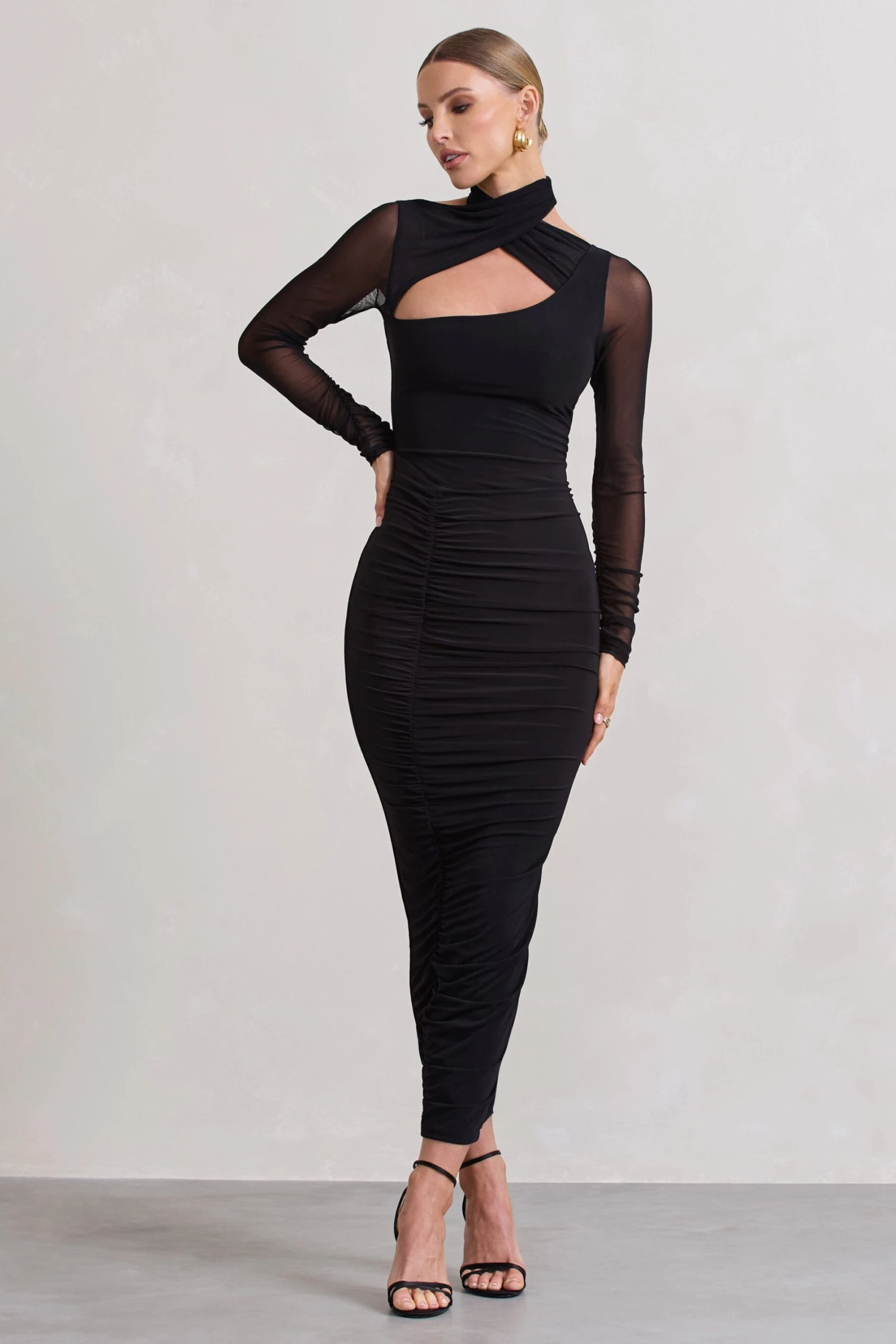 Under Wraps | Black Ruched Cut Out Long-Sleeve Midi Dress 6 Under Wraps | Black Ruched Cut Out Long-Sleeve Midi Dress - Image 4