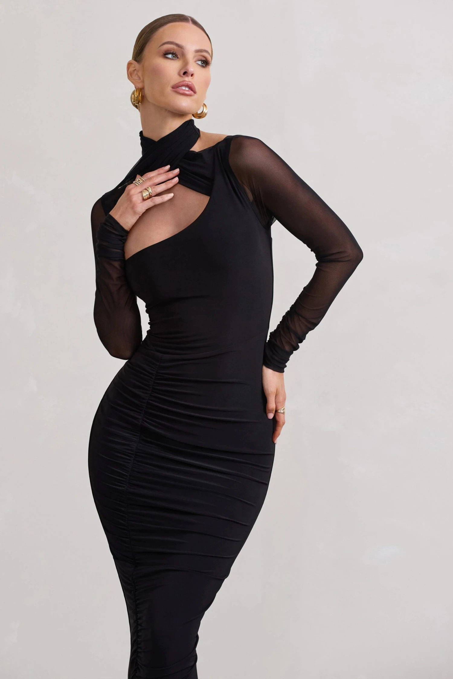 Under Wraps | Black Ruched Cut Out Long-Sleeve Midi Dress 5 Under Wraps | Black Ruched Cut Out Long-Sleeve Midi Dress - Image 3